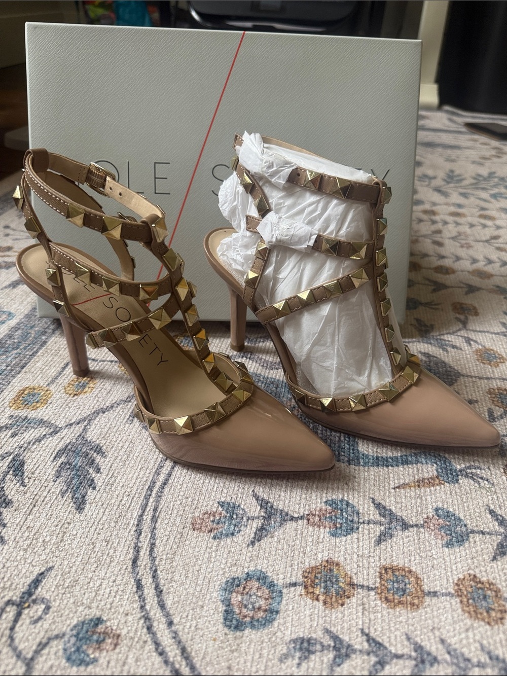 Sole Society Nude Studded Strappy Pointed-Toe Heels